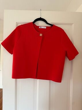 Zara Red Ribbed Top with Crew Neck